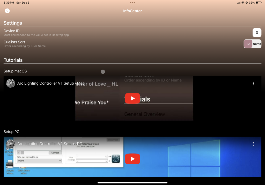 ARC Lighting Control App - ChromaQ Vista -iPhone or iPad Application Settings Screen